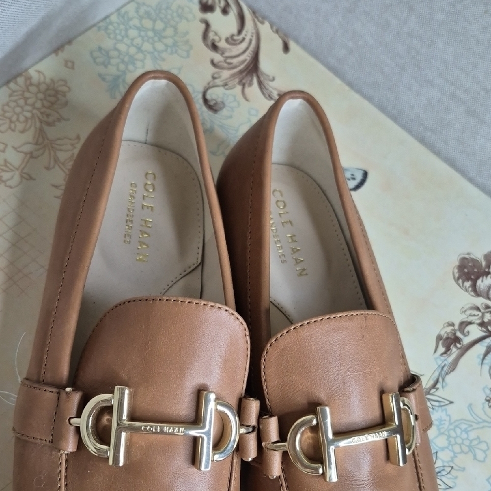 Cole Haan Tan Leather Loafers with Gold Buckle - Picture 4 of 7